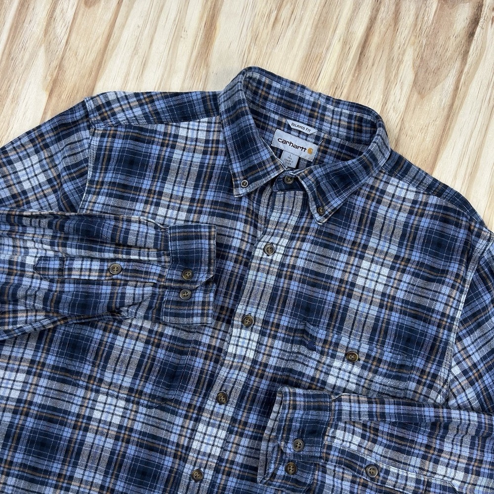 Carhartt Mens L Tall Blue Plaid Relaxed Fit Flannel Shirt Long Sleeve Workwear
